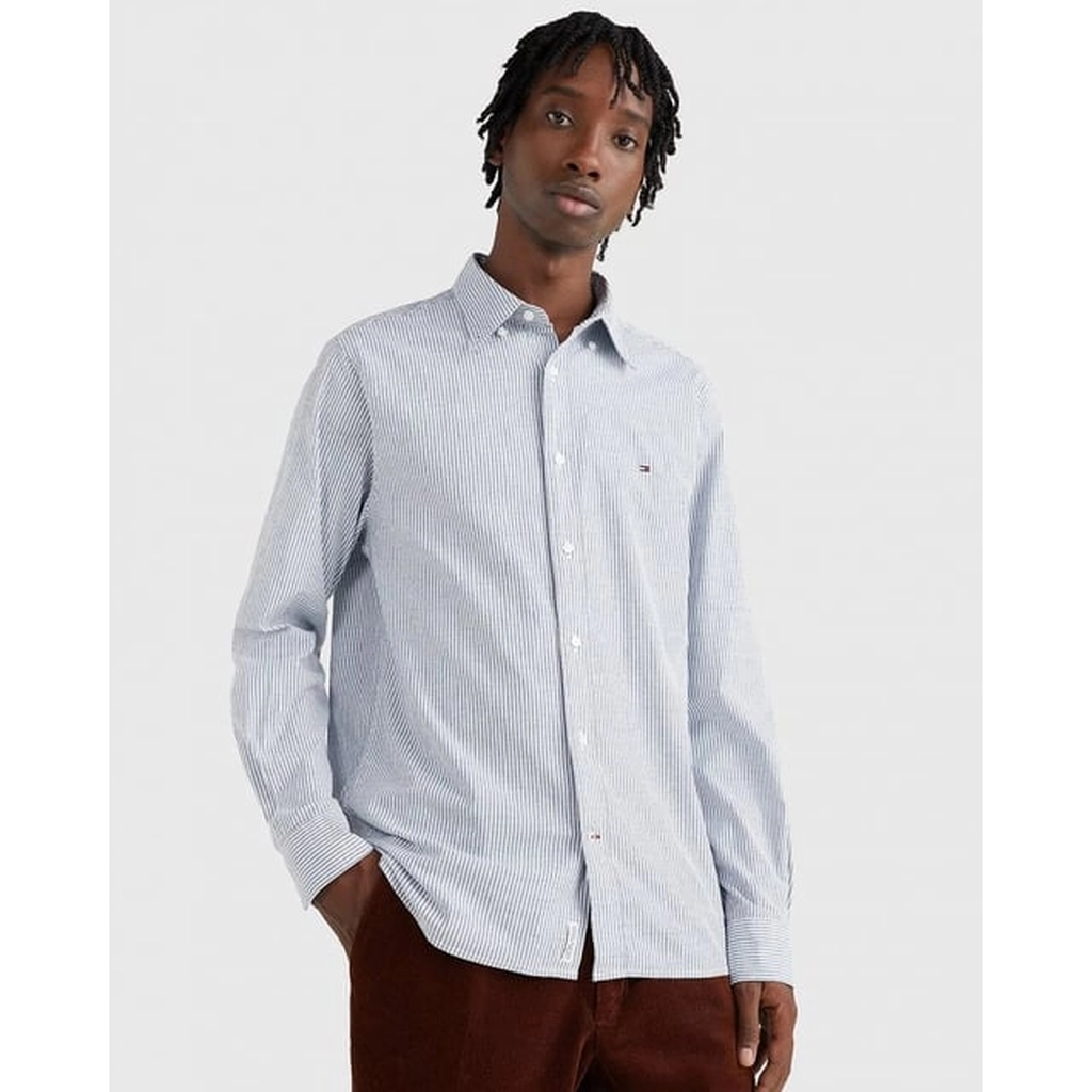 Tommy Hilfiger Core 1985 Flex Stripe Mens Long Sleeve Oxford Shirt - Navy Cotton - Size X-Large